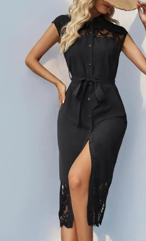 Vestido informal de verano para mujer, Color sólido, sencillo, sin mangas, con cuello en V, camisa larga con botones, vestido con solapa empalmada de encaje