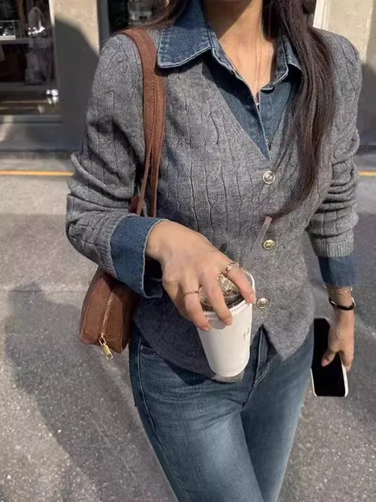 

Slim Fit Ne Denim Patchwork Knitwear Women's Vintage Single Button Versatile Fake Two-Piece Twist Sweater Commute Sl...