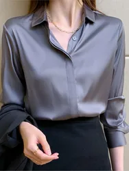 Women's Spring Autumn New Solid Color Satin Lazy And Gentle Commuting Long Sleeve Imitation Silk Shirt