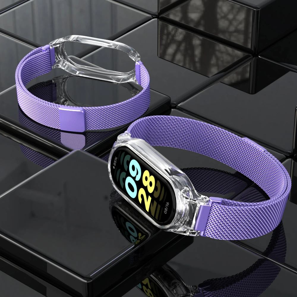 Suitable for Xiaomi band 345678 generation Milan magnetic + transparent plastic protective case strap miband 8/7/6/5/4/3 strap