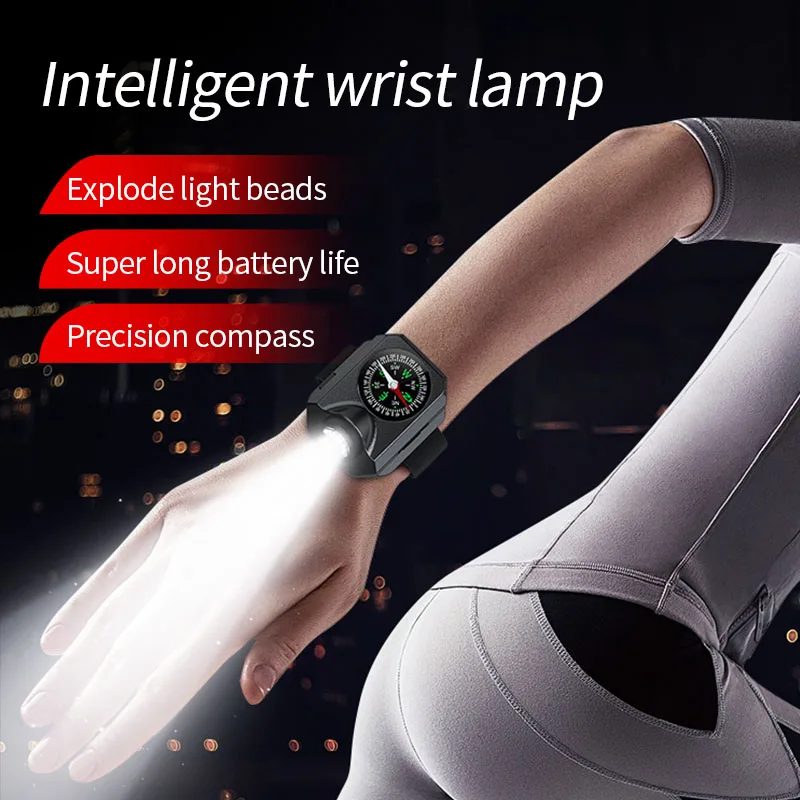 Wrist LED Light Wristwatch Flashlight with Compasses Rechargeable Outdoor Bracelet Flashlight Tactically Torch Camping Running