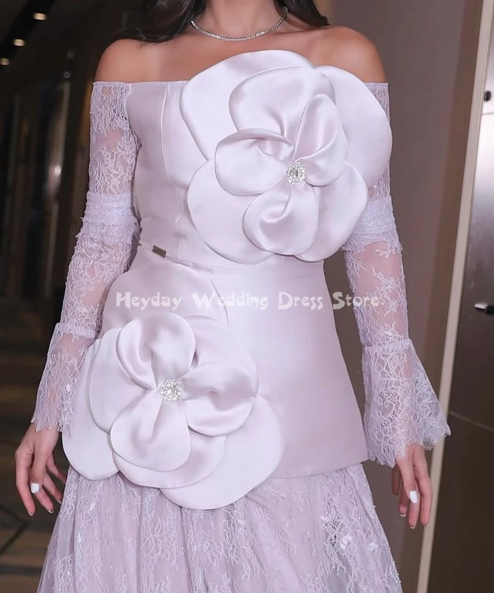 헤이데이 여성용 오프숄더 A라인 비즈 장식 3D 꽃 사우디 이브닝 드레스 레이스 긴 소매 우아한 파티 드레스 2025