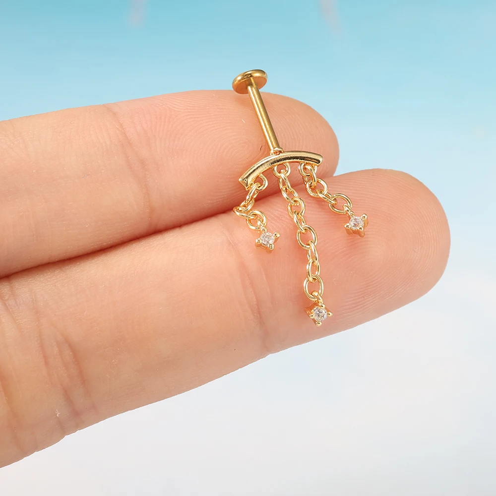 1 Stück/Set 316L Stahl Innengewinde-Ohrstecker mit Kupfer-Dreifachkette und Zirkonia-Anhänger, Helix-Lippenpiercing, Unisex, Trendig – Detail 10
