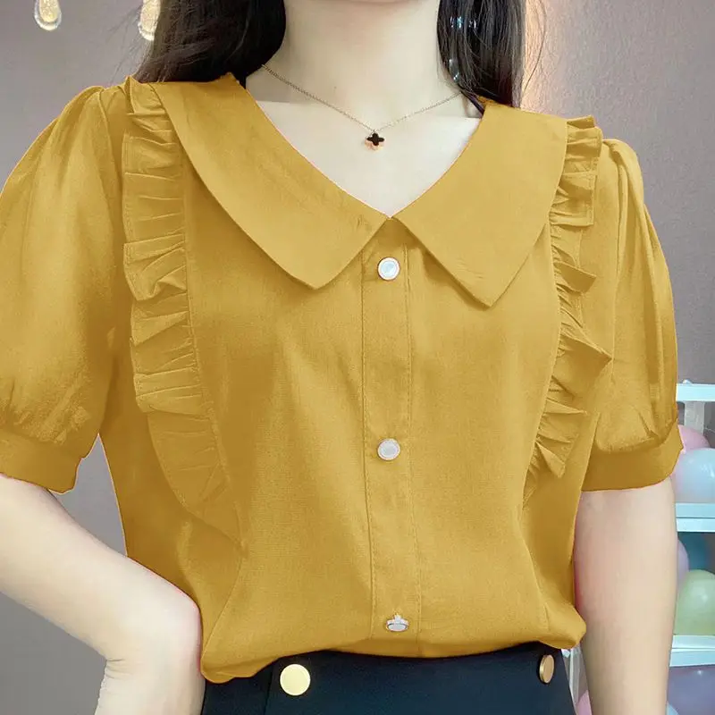 Sweet Peter Pan Collar Loose Folds Ruffles Blouse Women\'s Clothing 2023 Summer New Casual Pullovers Office Lady Chiffon Shirt