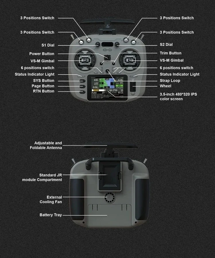 T15 Color Screen Remote Controller - 2.4G Hall Effect Gimbals, RDC Open-Source Transmitter for 915M Long-Range FPV Dr-ones