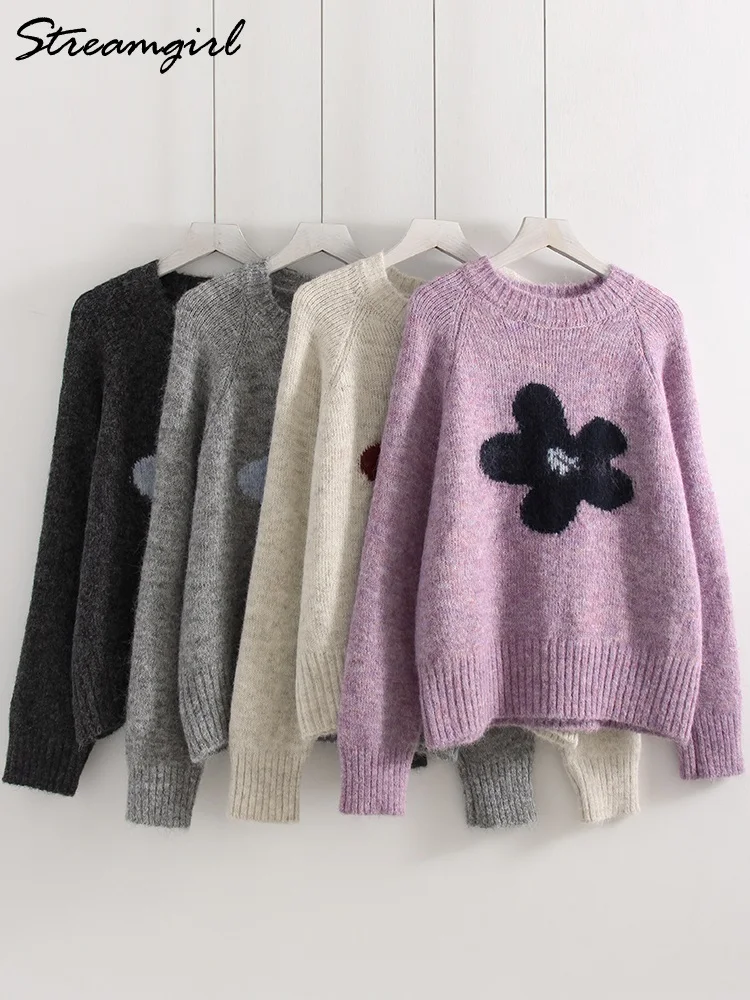 سترة Streamgirl الشتوية الرمادية مع زهرة المرأة بلوفرات متماسكة فضفاضة الأرجواني تريكو خمر سترة زهرة دافئة للنساء