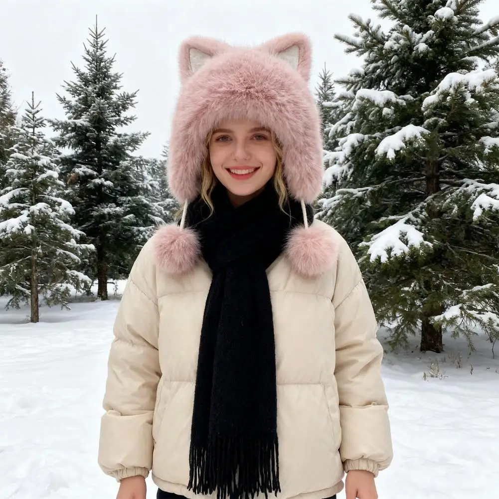 Winter Accessory Winter Hat with Faux Fur Plush Lined Ear Protective Cap Fox Ear Decor Windproof Warm Winter for Weather