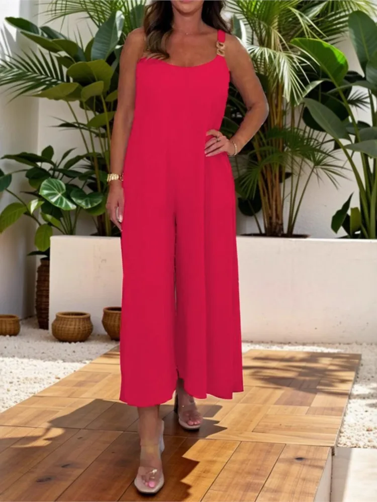 Mono informal cómodo de estilo urbano para mujer, mono sencillo para ir al trabajo, Color sólido, cadena dorada, pantalones con tirantes para el hombro, verano