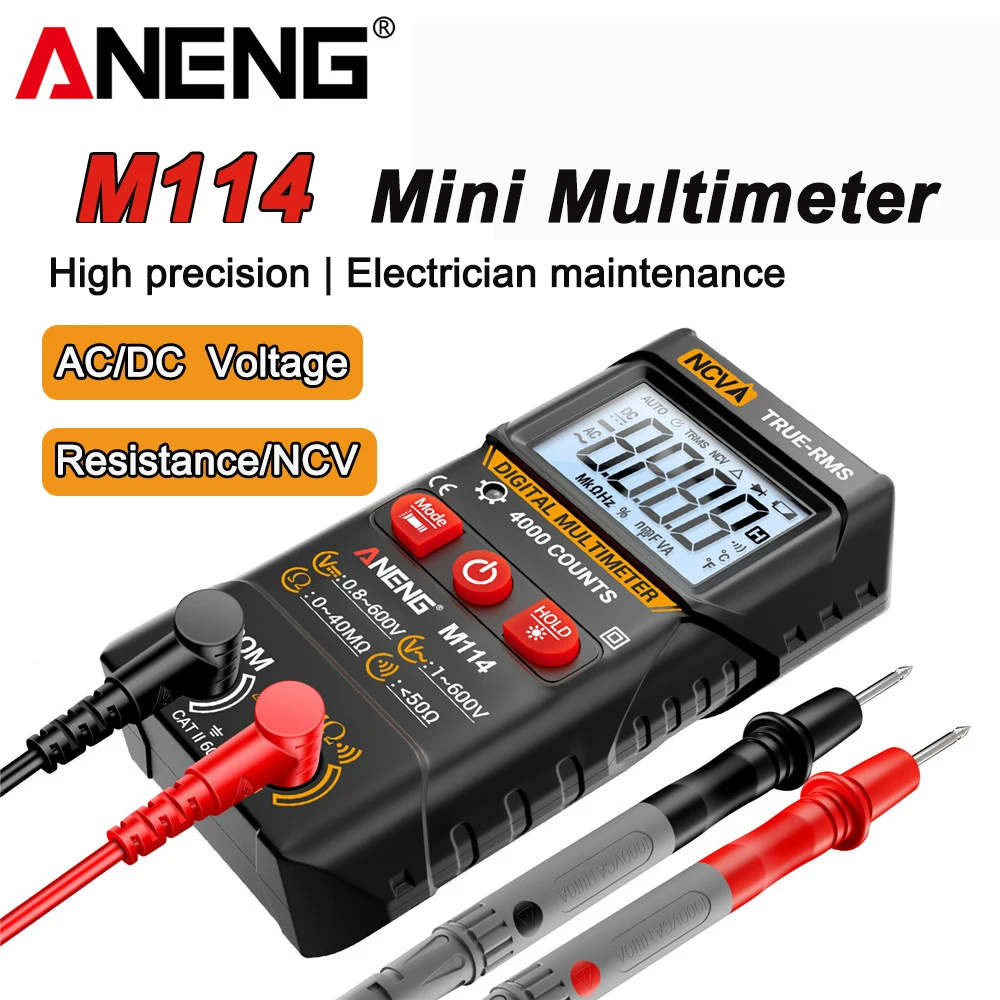 

ANENG M114 Smart Mini Multimeter Digital 4000 counts DC/AC voltage Backlit bright screen NCV Resistance Data retention Tester