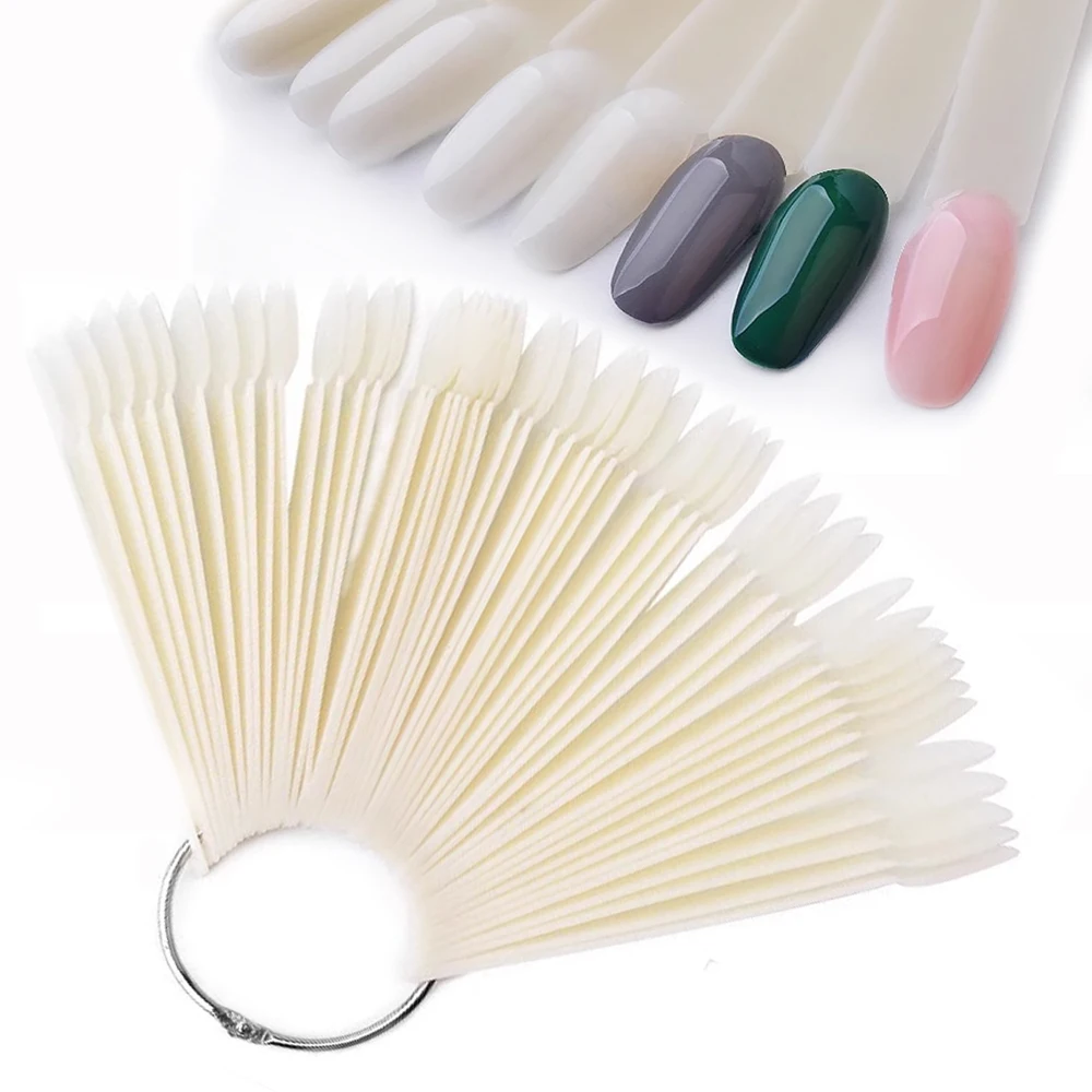 50 pçs dicas falsas para exibição da arte do prego claro natureza preto acrílico ventilador swatch gel unha polonês mostrando prateleira prática manicure ferramenta