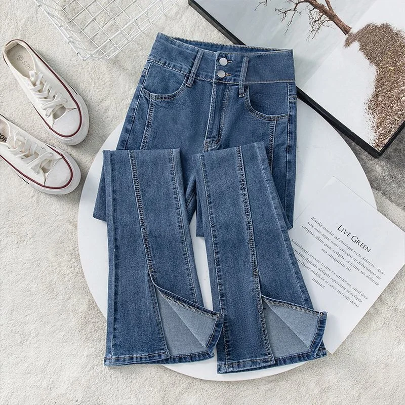 

Джинсы Bootcut, хлопковые женские джинсы с высокой талией, тонкие уличные ноги, новый европейский стиль, однотонные, прямые, универсальные, нейтральные, с цветочным принтом