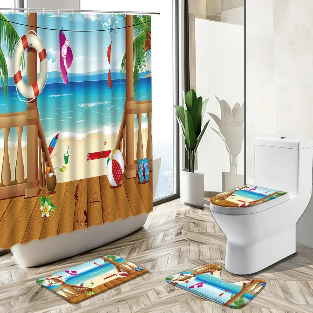 Ocean Beach Resort Scenery Shower Curtain Set Starfish Shell Green Plants Trees Home Decor Bath Mat Toilet Cover Bathroom Carpet