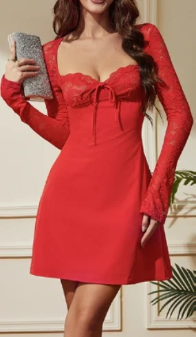 

Women's Dress 2025 Autumn Winter Latest Solid Square Collar Lace Patch Work Long Sleeve Tied Chest Dress Hip Bumping Short Skirt