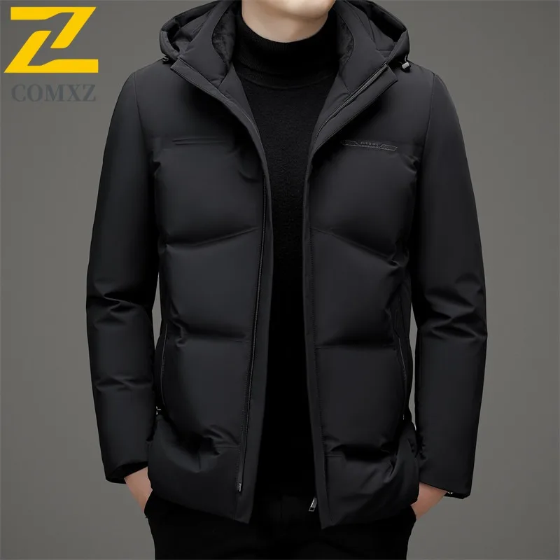 

COMXZ Premium Mens Down Jacket 2025 Classic Hooded Outdoor Office Anti-Cold Parka Solid Color Travel Lightweight Winter Coat