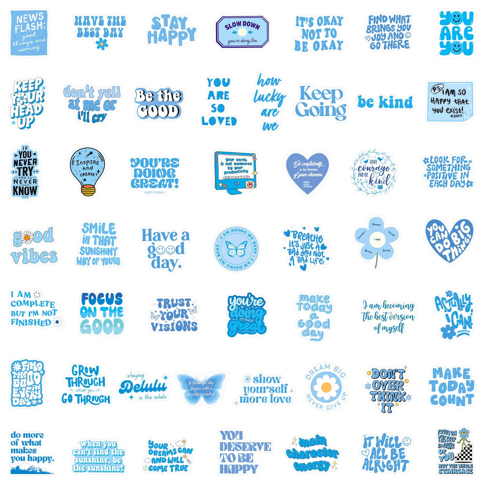 50Pcs Blue Inspirational Text Waterproof Stickers English Slogan Graffiti Decoration DIY Notebook Suitcase Water Cup Guitar Toys