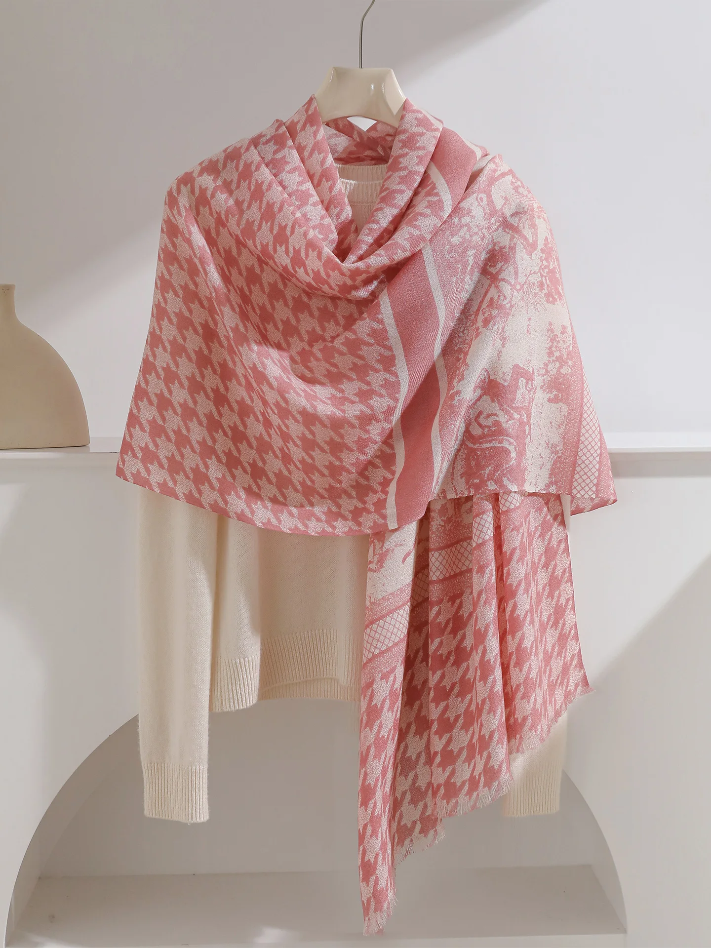 pink-pure-wool-scarf-awl-two-in-one-women's-ne-warmer-autumn-winter-thin-plaid-silk-scarf-high-end-faion-accory
