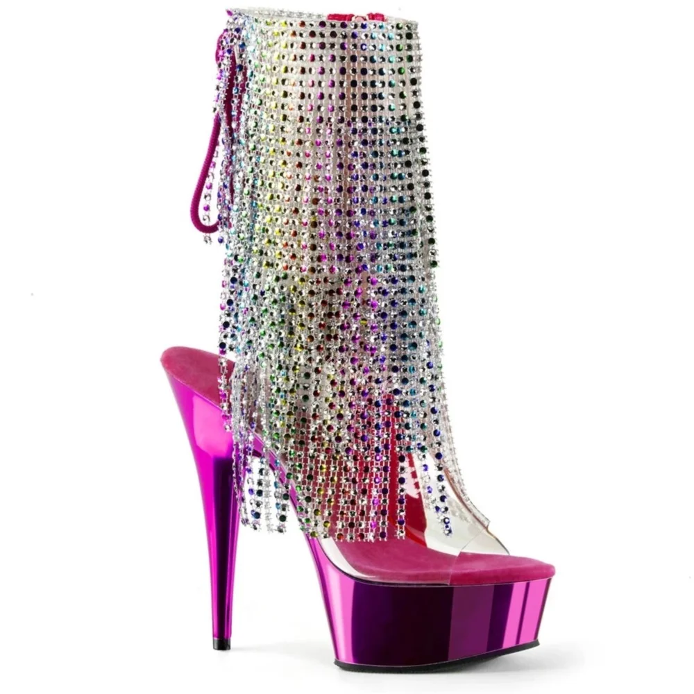 

15cm Stiletto Heel Tassel Sandals Women Peep Toe Electroplating Platform Transparent Lace-up Pumps New Sexy Pole Dancing Sandals
