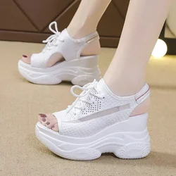 White Women Platform Sandals 2024 Summer New Knitted Fish Mouth Shoes High Heels Chunky Platform Sports Sandals Female Sneakers