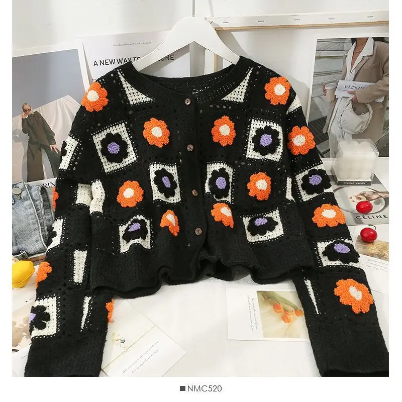 2022 Fall Women\'s Crochet Cardigans Multicolor Y2k Vintage Knitted Sweaters Long Sleeve Loose Coats Warm Sweaters 3 Colors