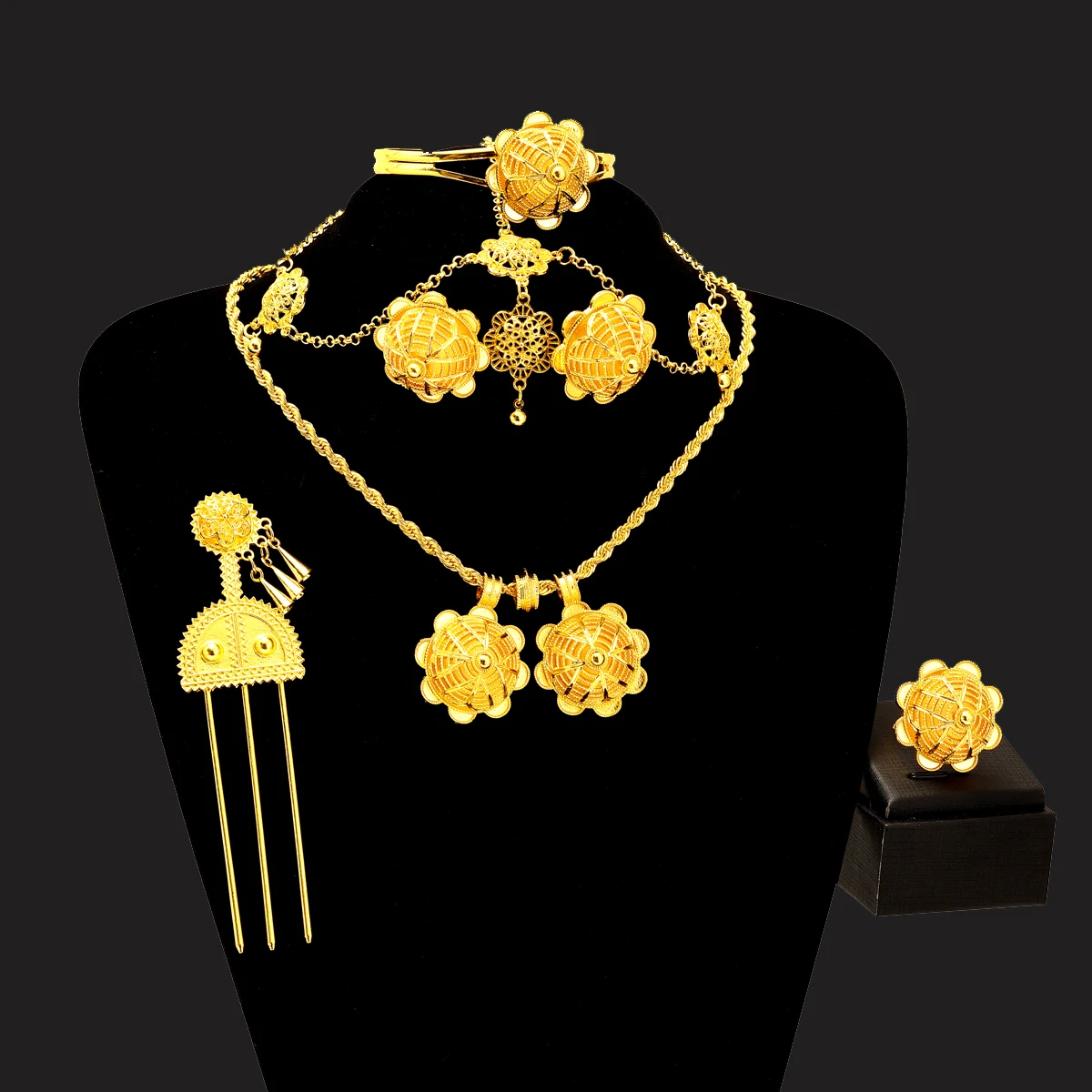 

Ethiopian Gold Plated Jewelry sets Necklaces Earrings Ring Bracelet Hairpins Head Chains African Eritrean Weeding Holiday Gift