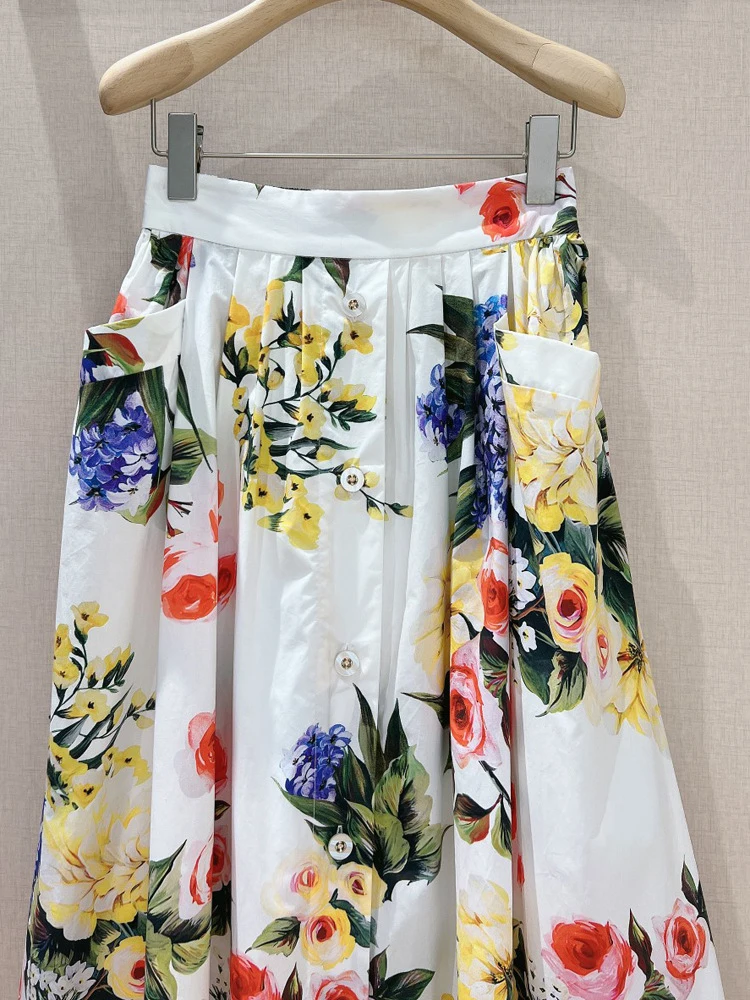 AELESEEN Sicilian Long 100% Cotton Skirt Women Summer High Waist Colorful Flower Print Pocket Single-breasted Elegant Beach