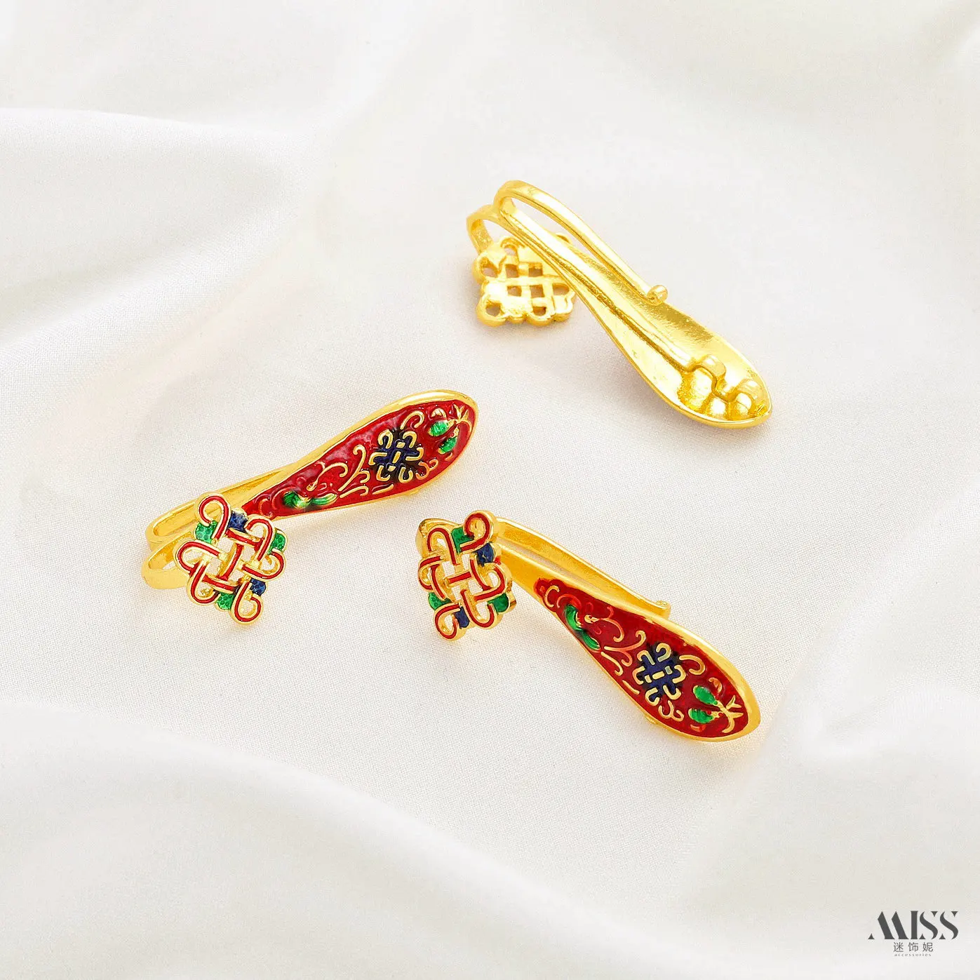 18K Gold Plated Cloisonne Enamel Ruyi Lotus Peach Blossom Pendant, Chinese Style Dress Buckle, DIY Jewelry Making Accessories