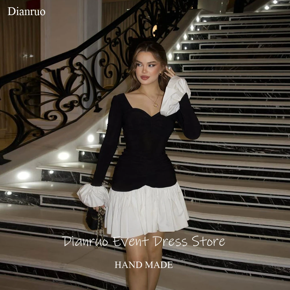 

Dianruo Puff Sleeves Mini Prom Dresses A Line Ruffled Cocktail Dresses Vintage Contrast Color Homecoming Dressess Customized