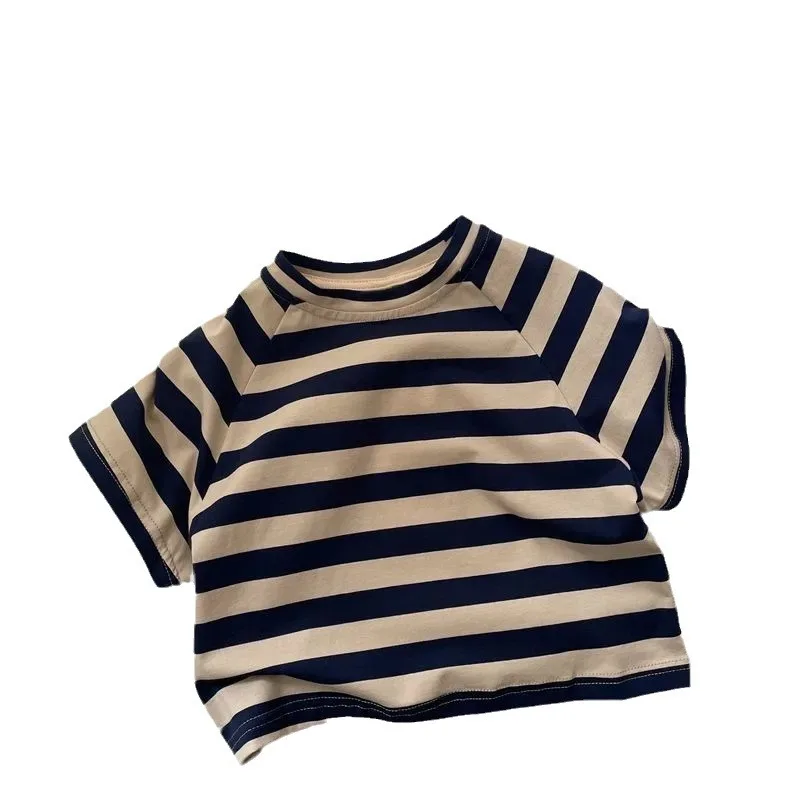 تي شيرت صيفي جديد للأطفال بأكمام قصيرة لعام 2025 تي شيرت قطني للأولاد متعدد الاستخدامات تي شيرت مخطط للفتيات ملابس فضفاضة غير رسمية للأطفال #6