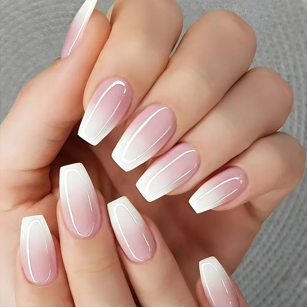 Acrílico Arte De Unhas Falsas, Long Ballet Unhas Postiças, Pressione nas Unhas, Capa Completa, Removível, Borda Branca, Francês, 24 Pcs, Conjunto