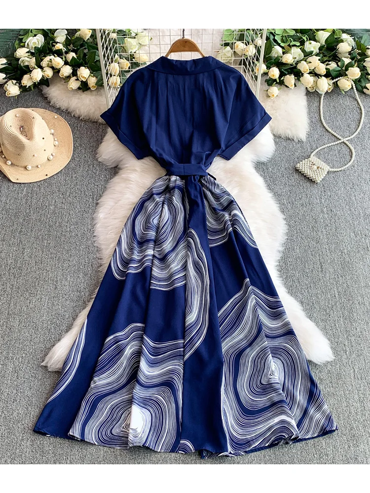 Vestido de verão feminino temperamento com decote em v único breasted camisa casual nicho impressão cintura cinching emagrecimento vestidos longos ds166