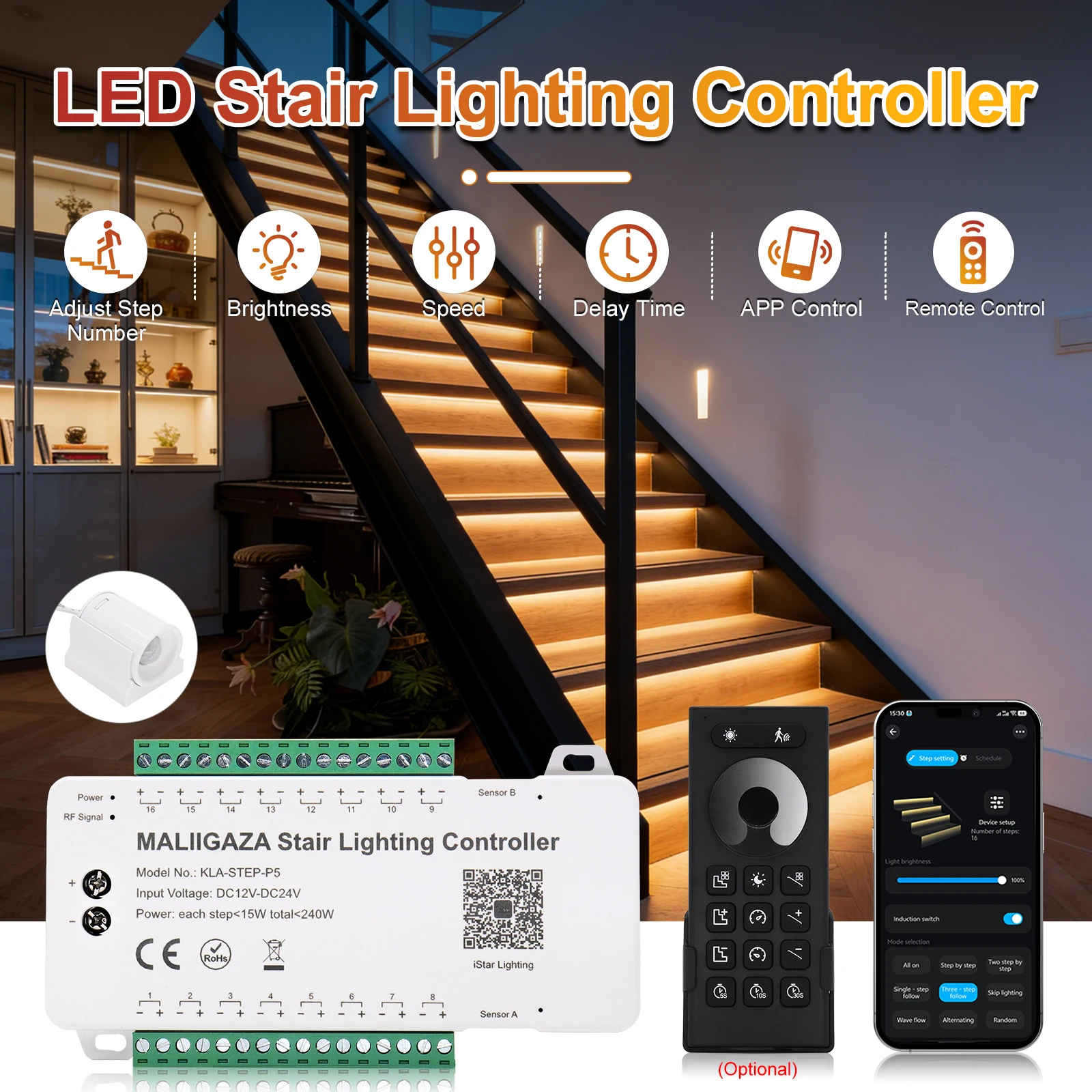 LED Strip Controller Support Smart BT APP Remote Control Stair Light Controller Motion Sensor Dynamic Lighting for Indoor