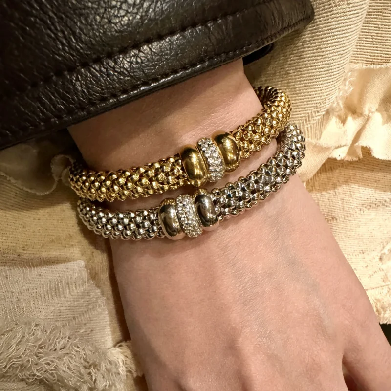 Bellux Italian Craftsmanship Jewelry Round Beads Inlaid Zircon Bracelet 925 Silver Plated 18 K Gold Hip Hop Daily Wear Bangle