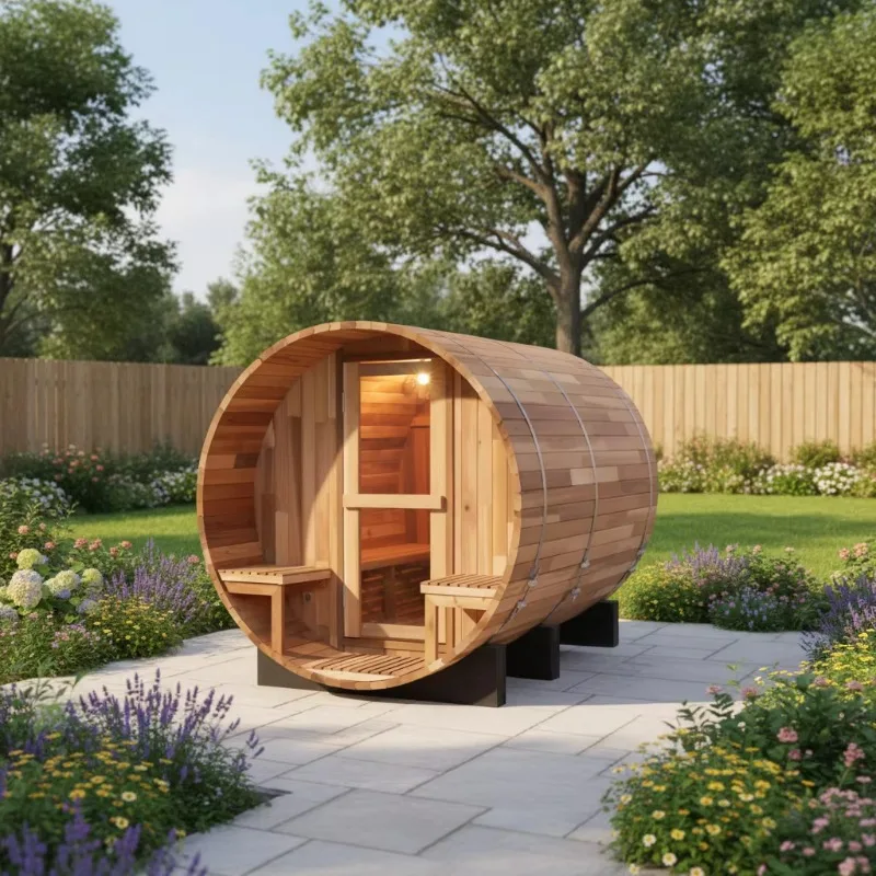 Customized 6 Person Outdoor Barrel Sauna, Canadian Red Cedar Solid Wood Dry Steam Sauna Room with Optional Front Porch