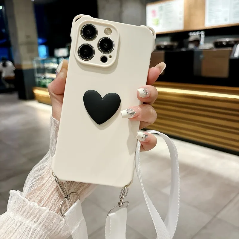 Four Corners Hook Matte Case For iPhone 15 14 13 12 11 Pro Max 16 Plus XR X XS Max Crossbody Lanyard Neck Strap Frosted Cover