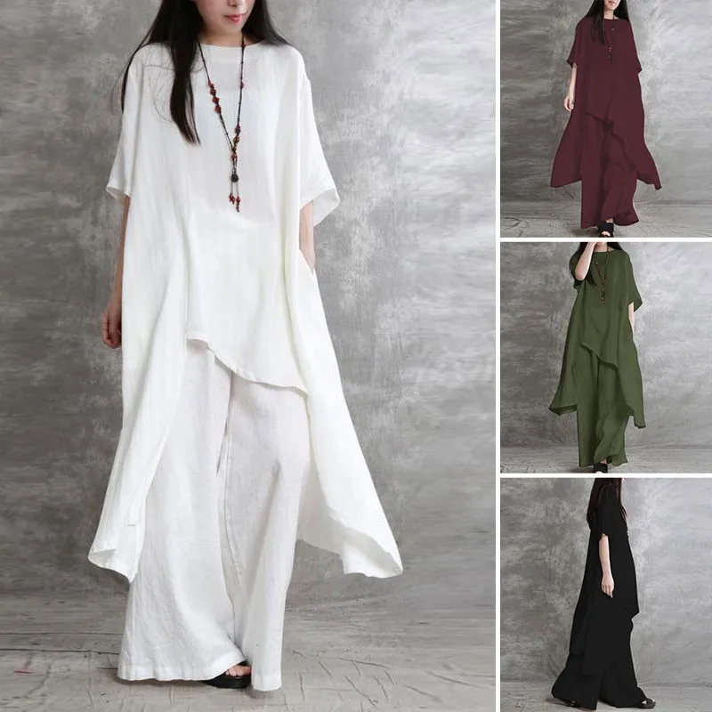 Damen Baumwoll-Leinen-Hosenanzüge, 2-teilig, lässig, halbärmelig, einfarbig, lockere Bluse & hochelastische Taille, weite Beine, lange Hosenanzüge