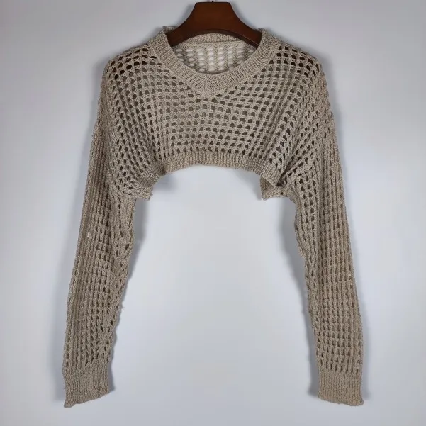 سترة كلاسيكية طويلة محبوكة من أور تي فيون مصنوعة يدويًا مفرغة من الكروشيه غير منتظمة على شكل قرد مستديرة رفيعة #2