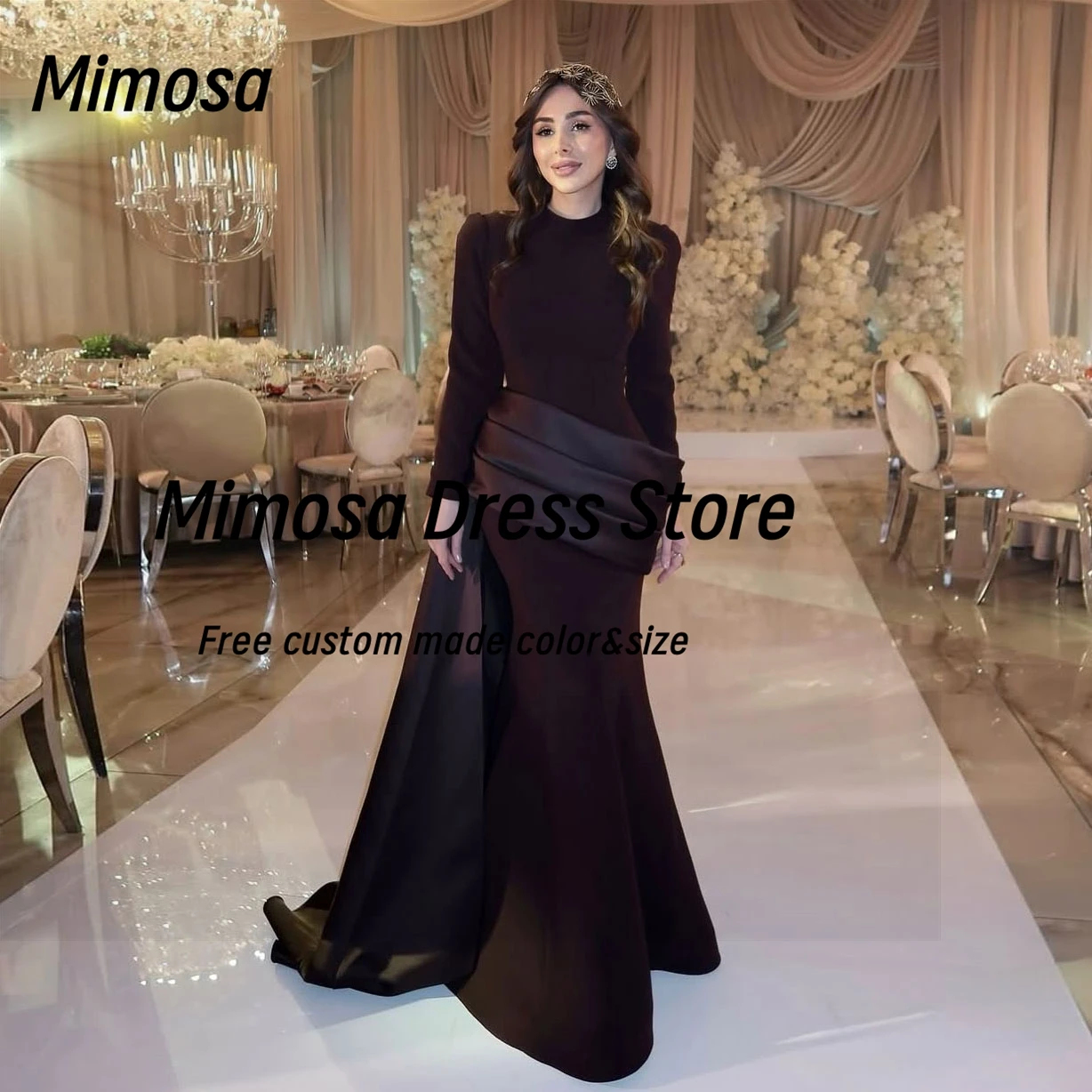 ชุดราตรีมิโมซ่าหรูหรา แขนยาว สำหรับงานพรอม งานราตรี ผู้หญิงซาอุดิอาระเบีย สวมใส่สบาย พร้อมชายกระโปรงแบบฟลัตเตอร์  ชุดเดรสออกงานกลางคืน  สามารถสั่งตัดได้