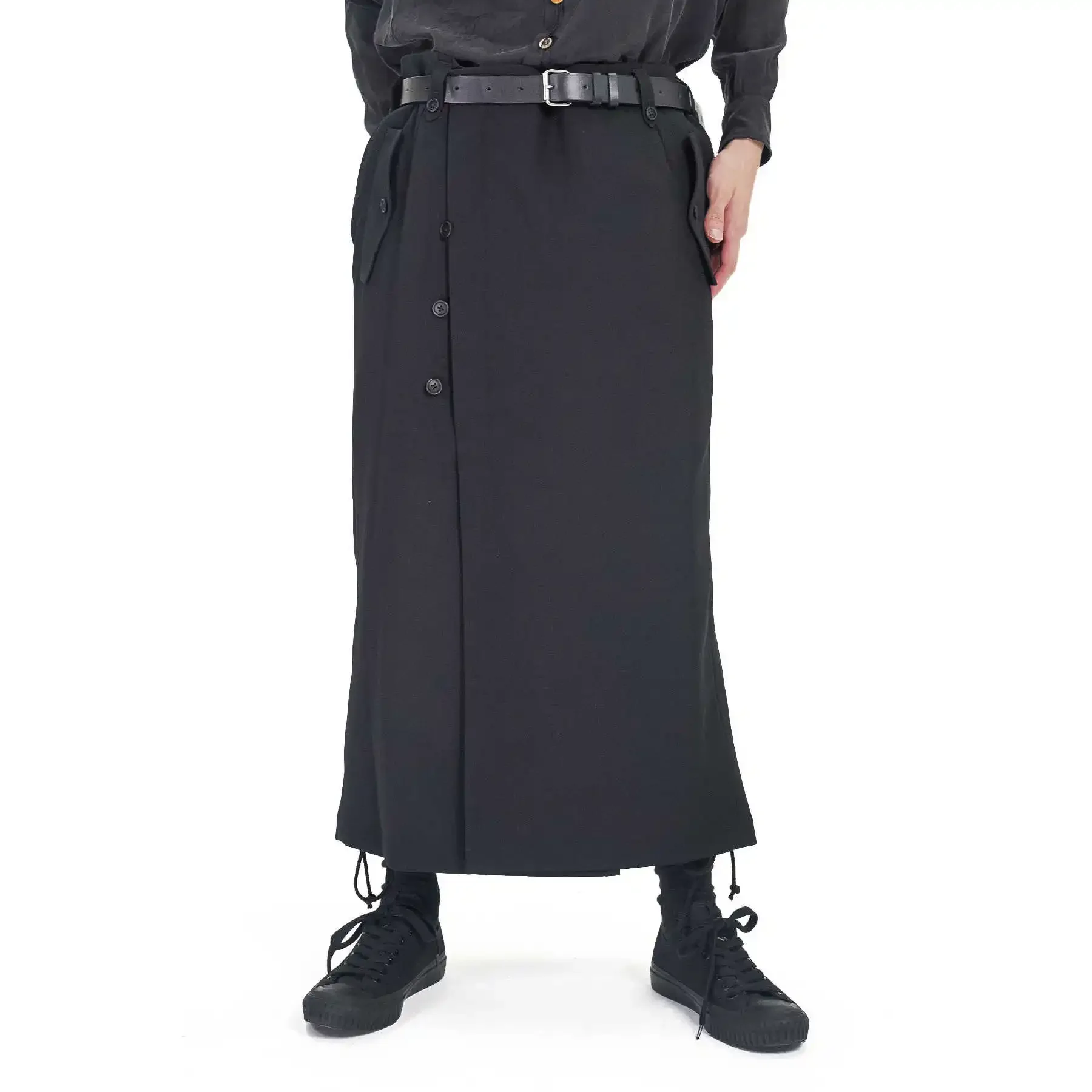 

YOJI OOAK декоративный дизайн на пуговицах, полуюбка с ремешком, повседневная прямая черная смешанная полуюбка, мужская модная