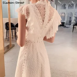 White Embroidery Flower Dress for Women Vintage Elegant Party Vestido Ladies Stand Neck Sleeveless Luxury Lace Bodycon Dress