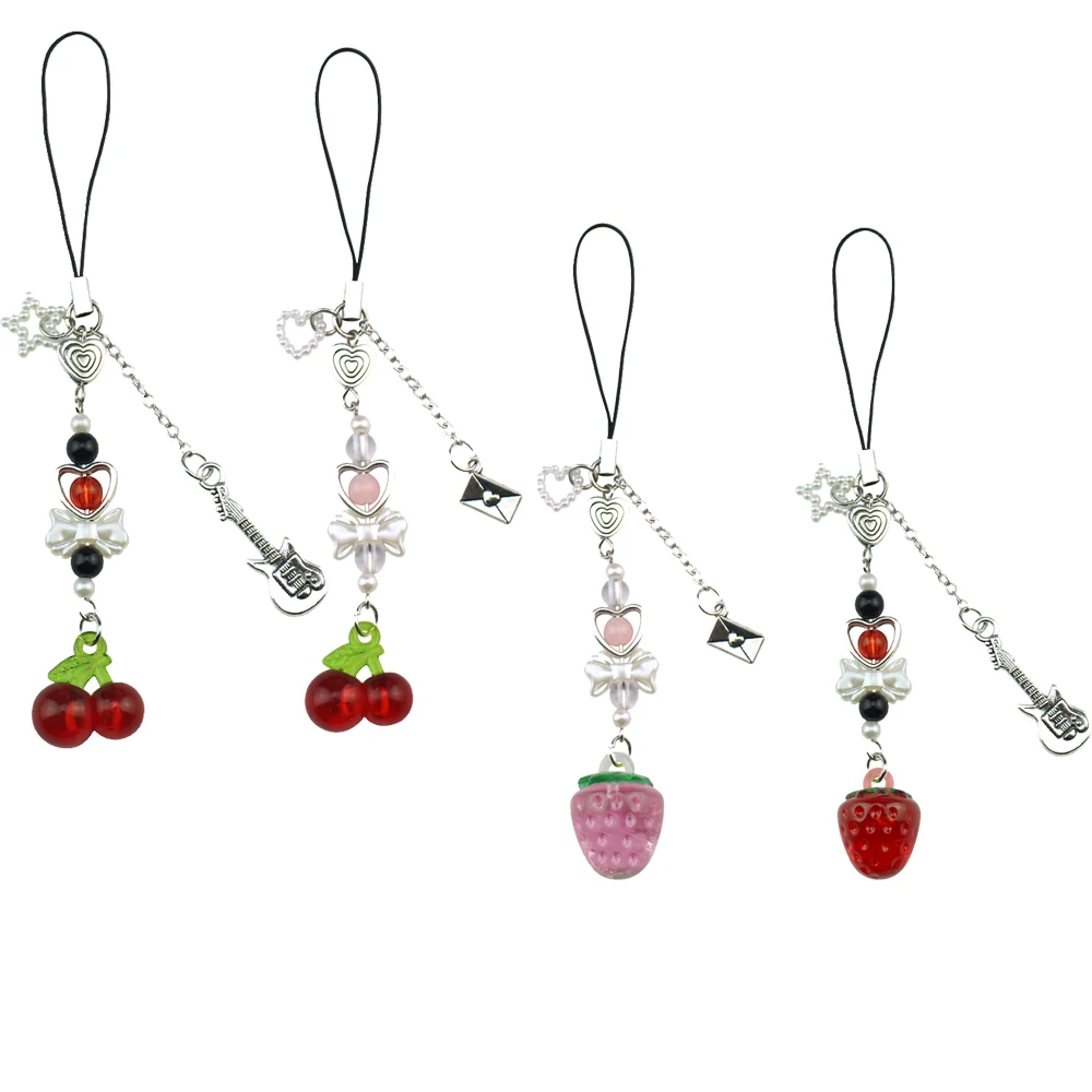 Strawberry Beaded Keychain for Girls Sweet Cool Y2K Sweet Keychain Bag Charm Cherry Bowknot Keyring Jewelry Gift