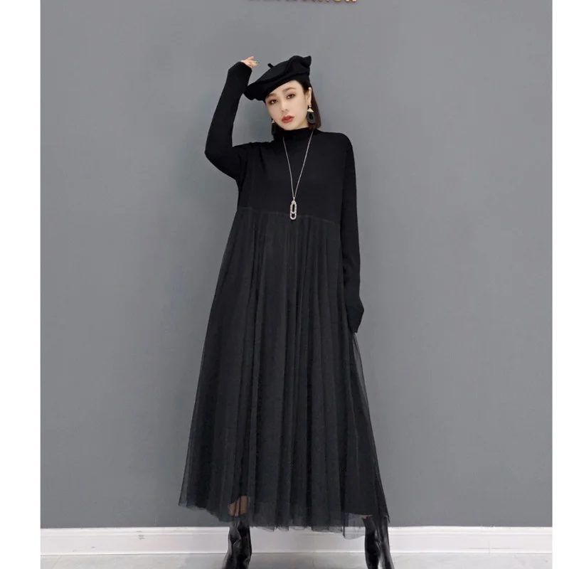 Women Long Sleeves Crew Neck Dress Loose Mid-length Solid Color Sweater Splicing Mesh Inside Dress 2024 Spring Autumn LHX1325