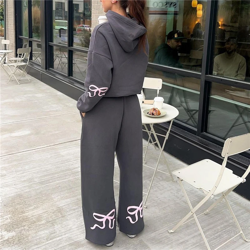 

Spring Autumn Winter Loose Pants Leisure Suit Women Long Sleeve Bow Print Hoodie Top Trouser 2 Piece Set Fashion Jogging Outfit