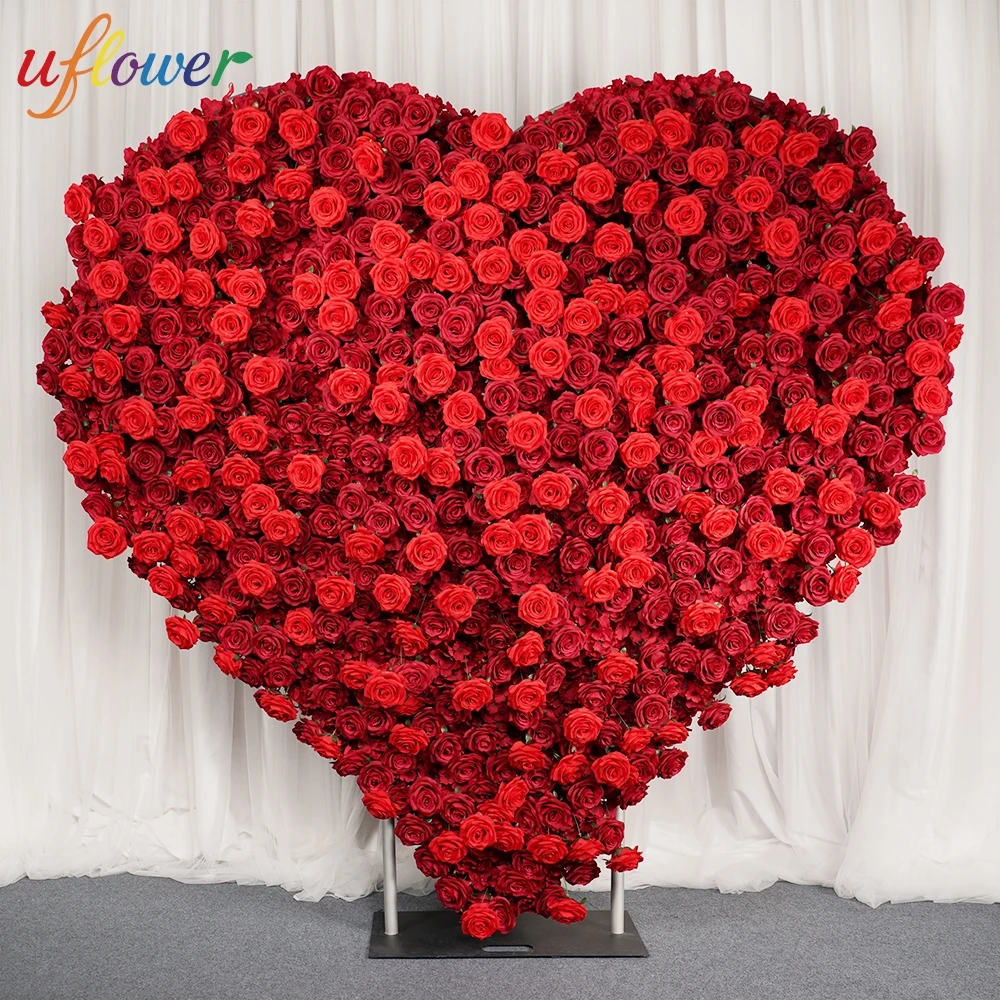 Uflower Luxury Red Heart Shape Rose Cloth Flower Wall Wedding Arch Frame Red Floral Arrangement Event Party Props Backdrop Props