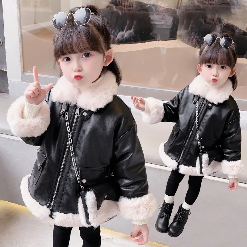 Girls Coat Jacket Cotton Outwear Overcoat 2022 PU Warm Thicken Plus Velvet Winter Autumn Teenager Children\'s Clothing