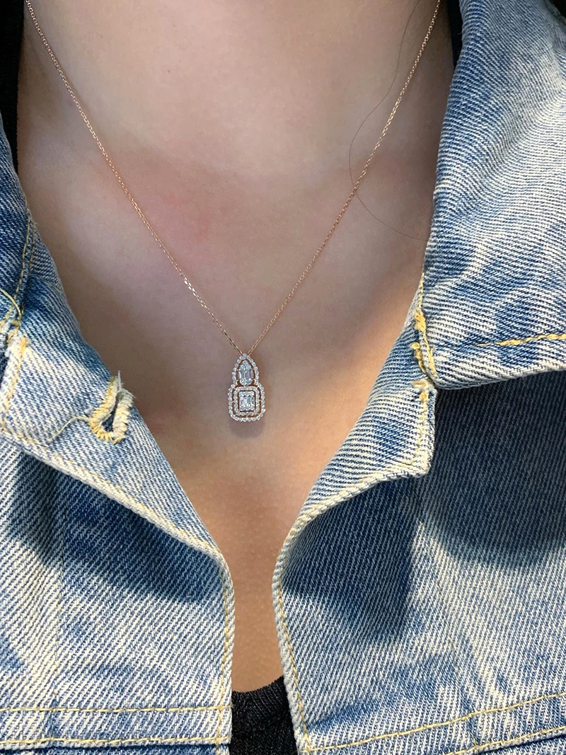 LUOWEND 100% 18K Rose Gold Necklace Elegant Gourd Shape 0.38carat Real Natural Diamond Pendant Necklace for Women Fine Jewelry