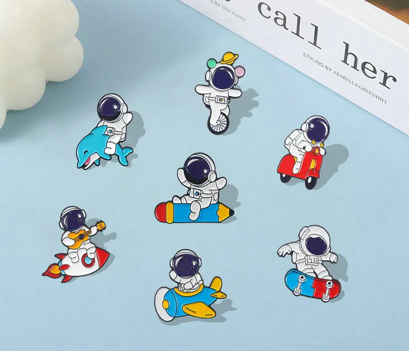 

Astronaut Enamel Pin Custom Ocean Surfing Motion Rocket Plane Brooch Bag Badge Childlike Cartoon Jewelry Pins Gift for Kids