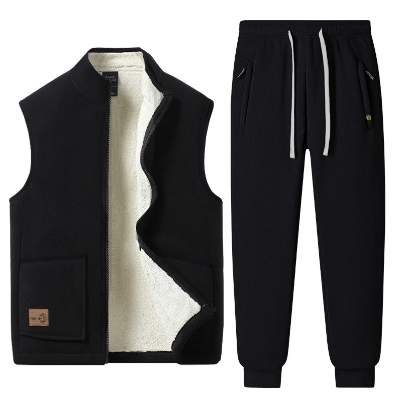 Plus Size 5XL Men'S Casual Lamb Cashmere Vest Set Plush Coat Thickened Warm New Winter Pure Cotton Lamb Fleece Set
