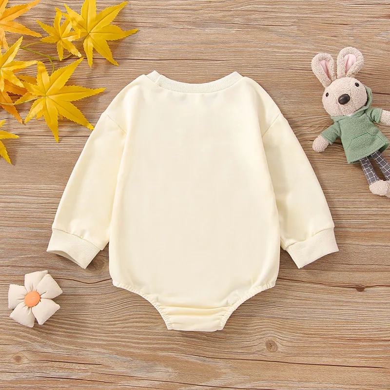 

Cute Baby Girl Boy Romper with Long Sleeves and Round Neckline Featuring Adorable Easter Bunny Print for Spring and Fall