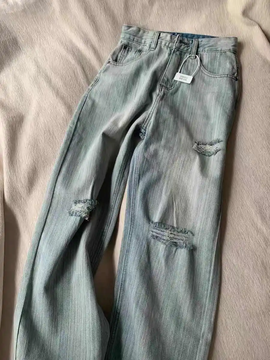 

Plus Size Vintage Ripped Women's Jeans Autumn Loose High Waisted Wideleg Pants Versatile Straight Floor Length Pants