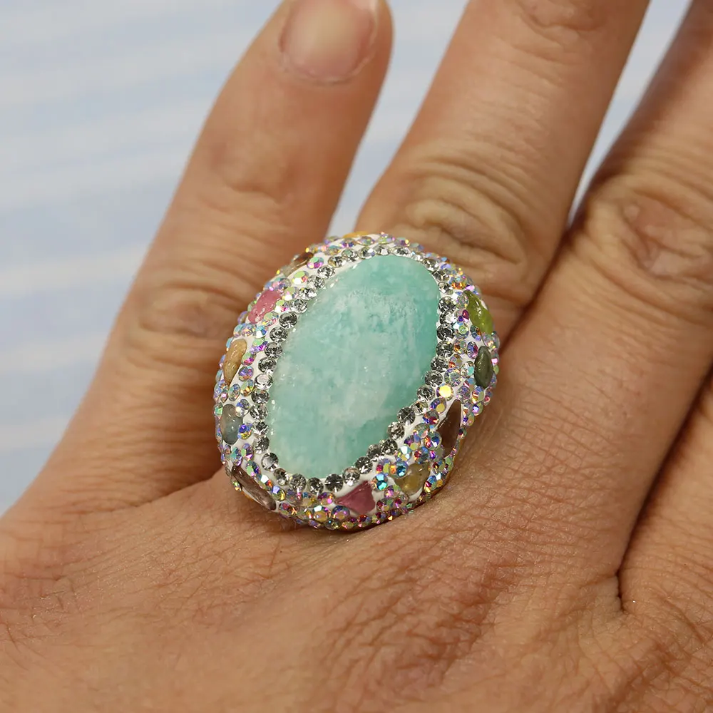 G-G Real Blue Amazonite Tourmaline Colorful CZ Paved Rings Adjustable Handmade Stone Ring Lady Simple Gifts